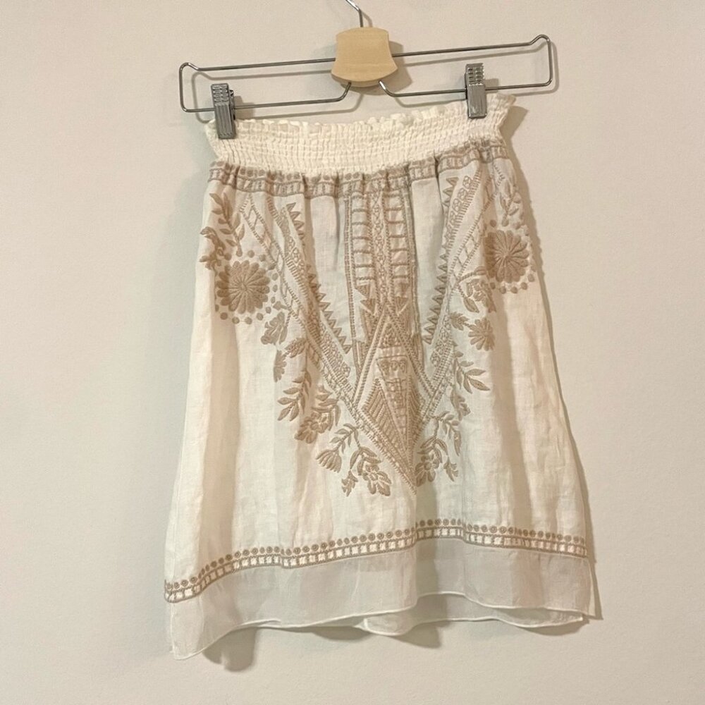 Johnny Was Linen Embroidered Skirt - Cream & Tan - Size XS